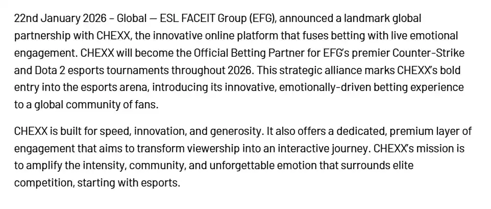 إعلان شراكة CHEXX مع ESL FACEIT Group في الرياضات الإلكترونية